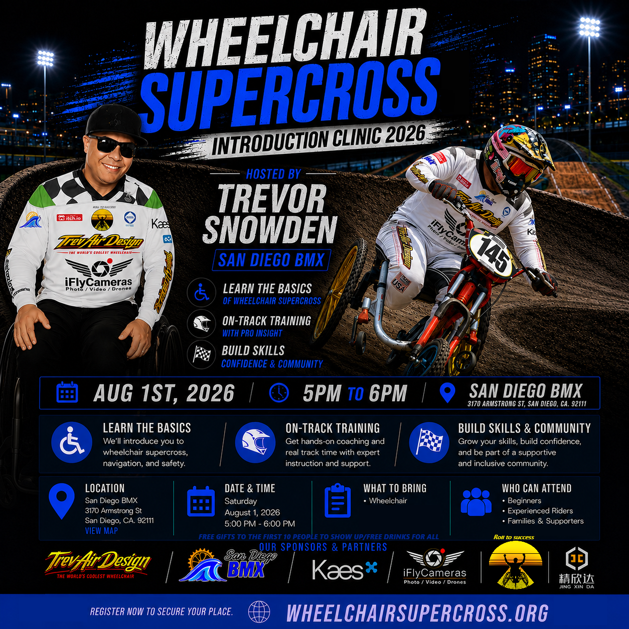 Wheelchair Supercross clinic flyer with rider, host Trevor Snowden, event date, location, and sponsors.