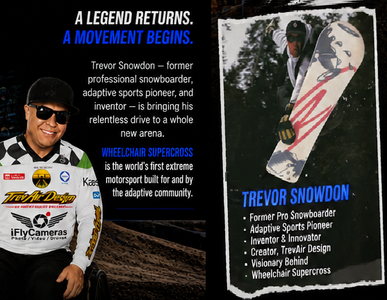 Trevor Snowden biography graphic describing his snowboard, adaptive sports, invention, TrevAir Design, and Wheelchair Supercross background.